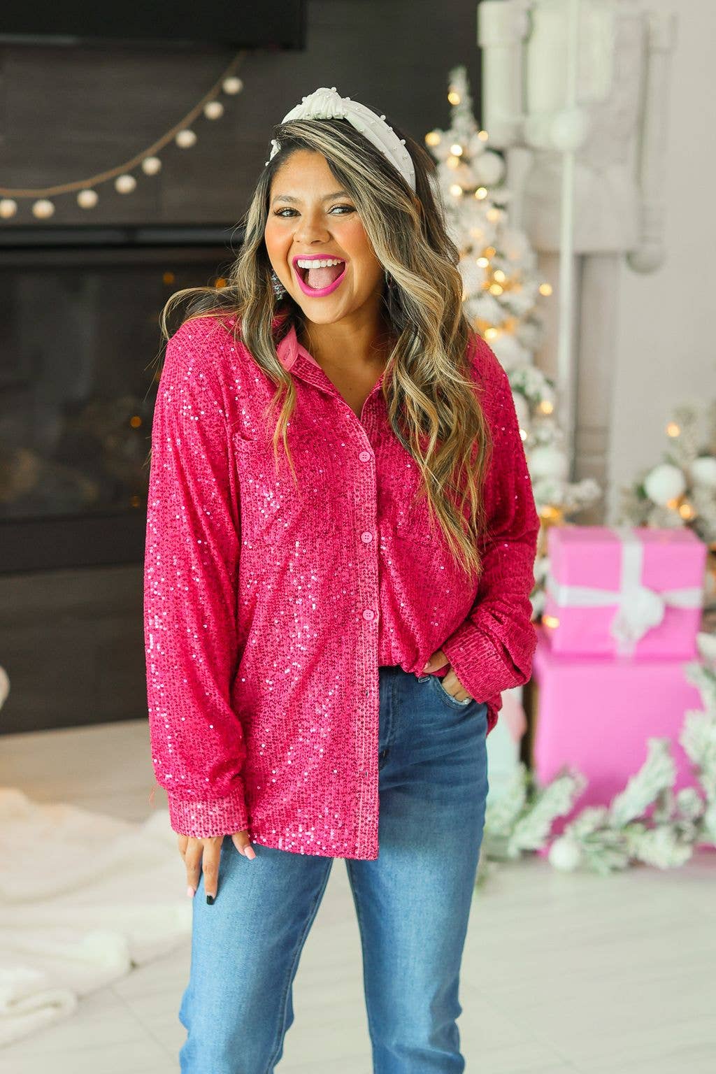 Southern Grace | Kathryn Hot Pink Sequin Button Down