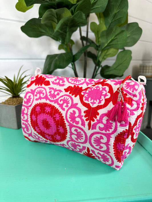 Folklore Couture | Quilted Makeup Bag | Travel Cosmetic Toiletry Bag | Pink Red