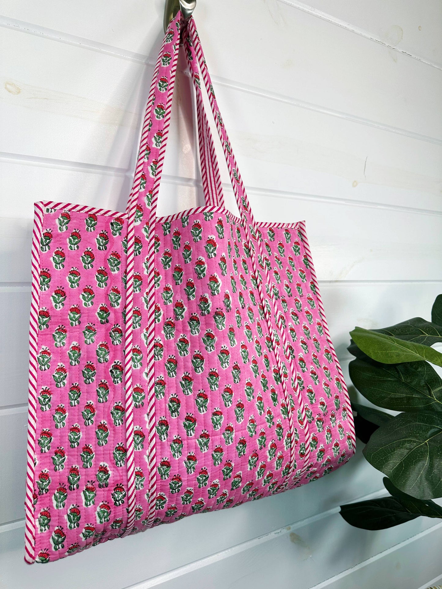 Folklore Couture | Quilted Tote Bag | Pink Floral Tote | Large Shopping Bag