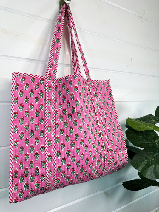 Folklore Couture | Quilted Tote Bag | Pink Floral Tote | Large Shopping Bag