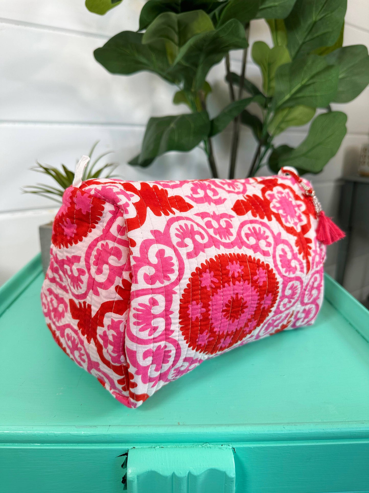 Folklore Couture | Quilted Makeup Bag | Travel Cosmetic Toiletry Bag | Pink Red