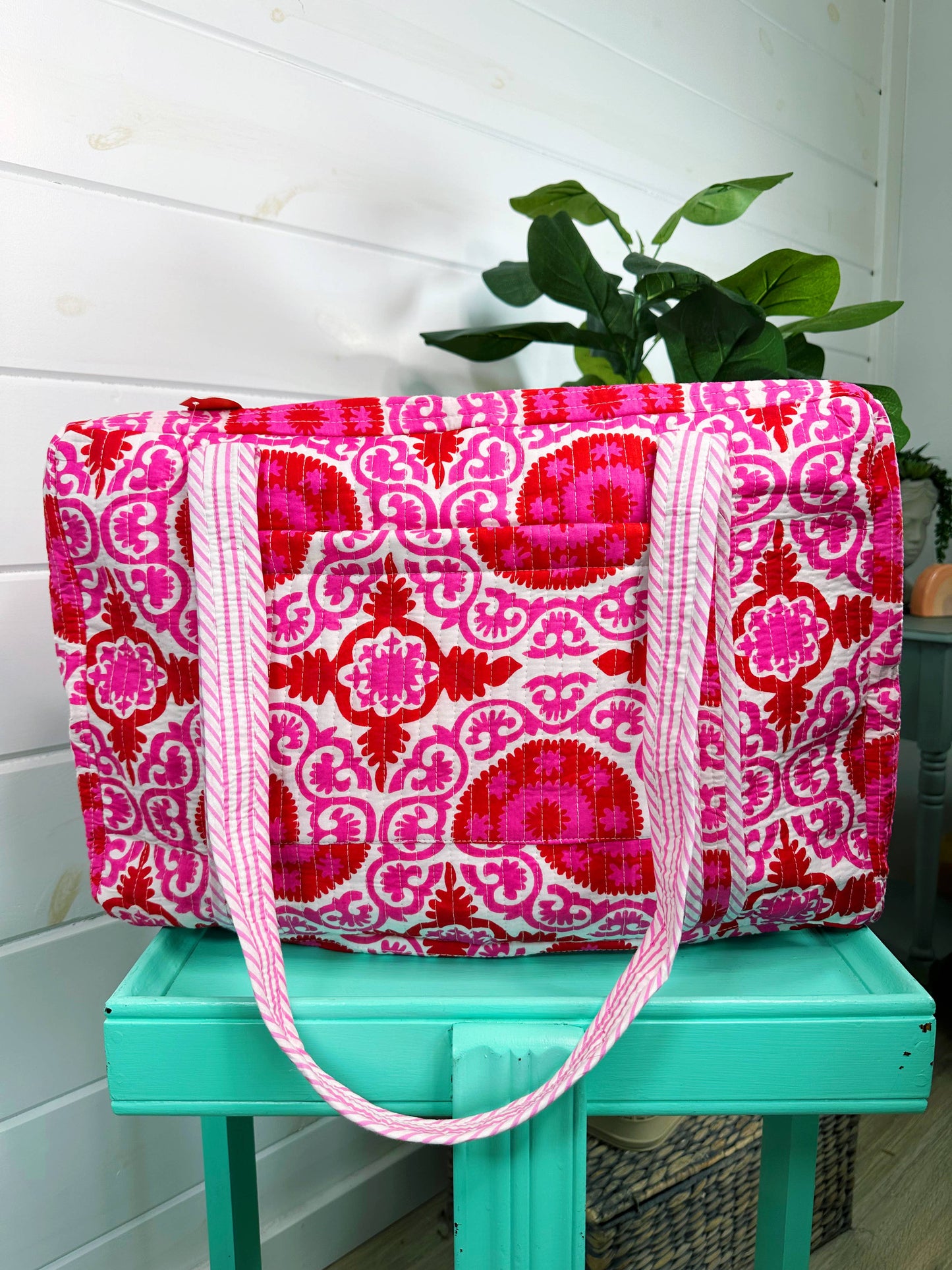 Folklore Couture | Quilted Duffle Bag | Weekender Travel Bags | Red Pink