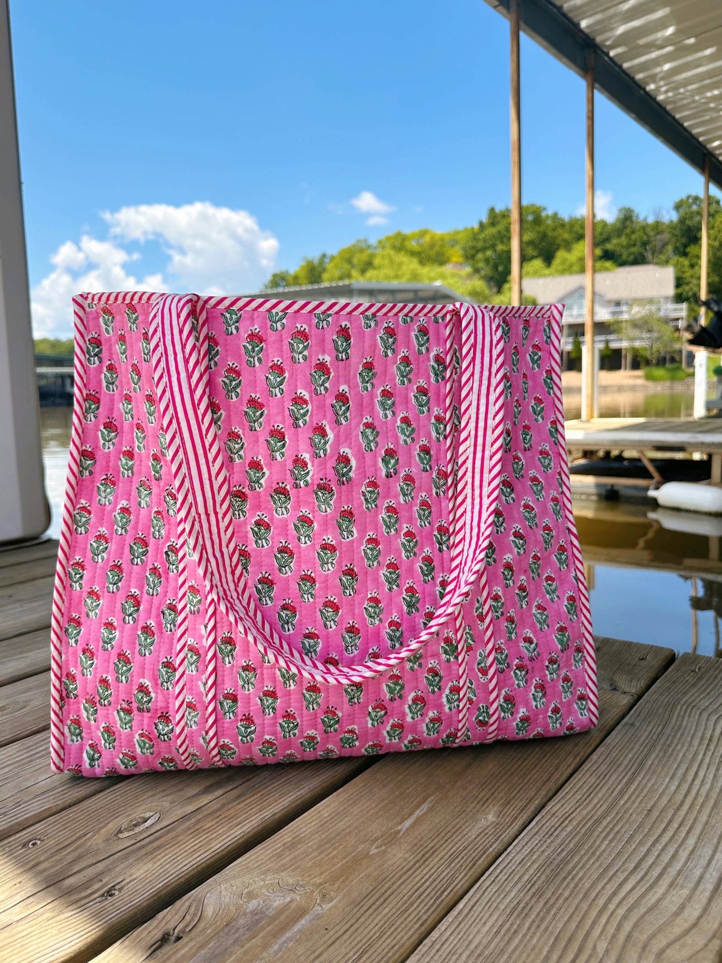 Folklore Couture | Quilted Tote Bag | Pink Floral Tote | Large Shopping Bag