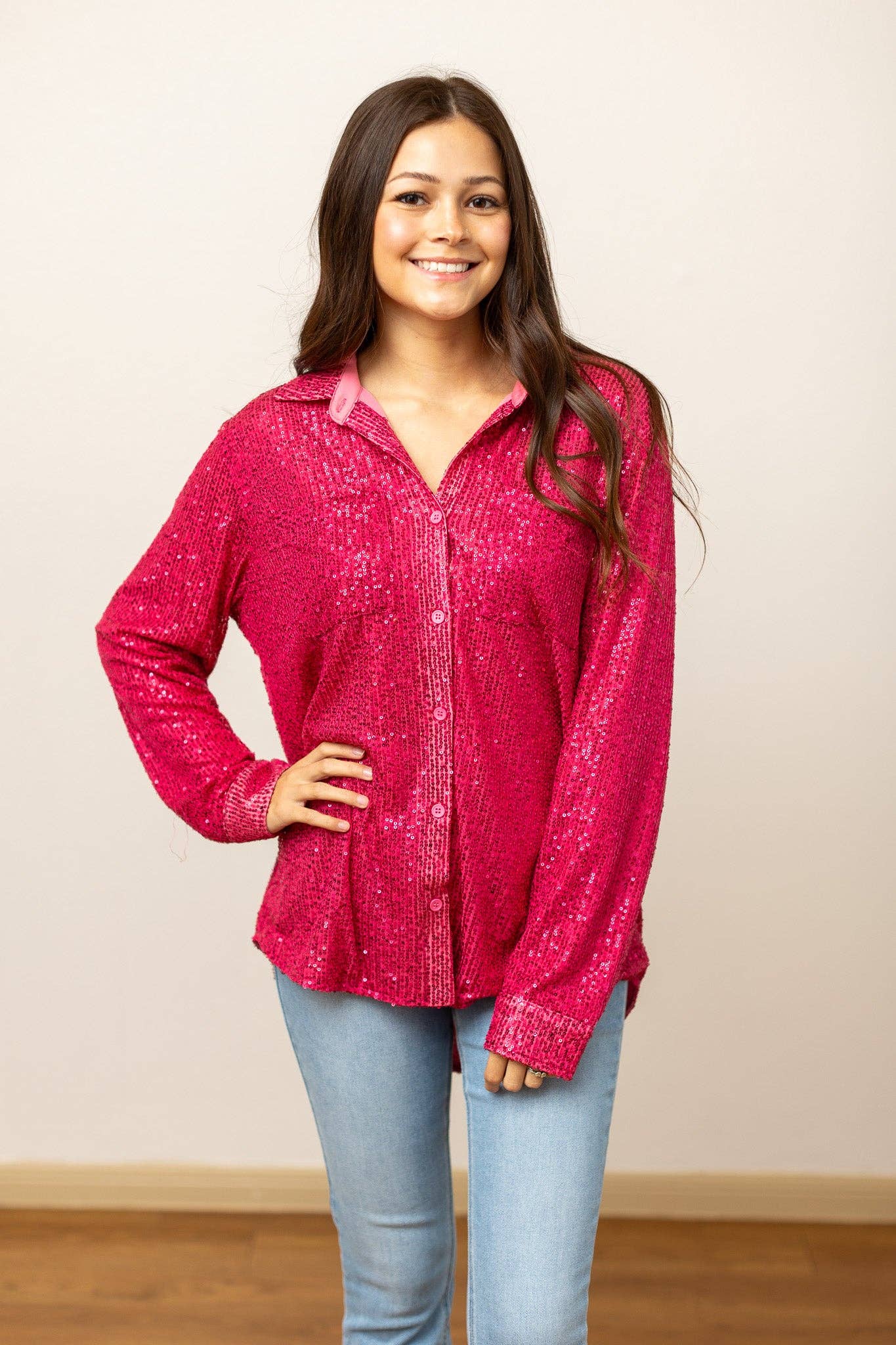 Southern Grace | Kathryn Hot Pink Sequin Button Down