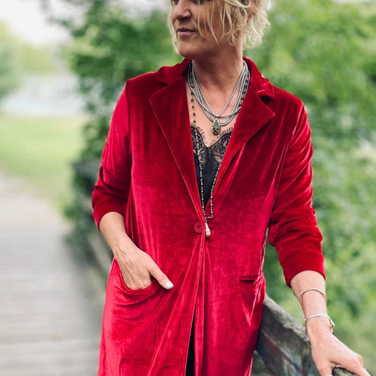 Bohemian Grace | Velvet Duster Coat | Red