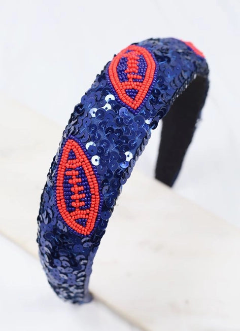 Caroline Hill | Football Sequin Headband | Navy/Red