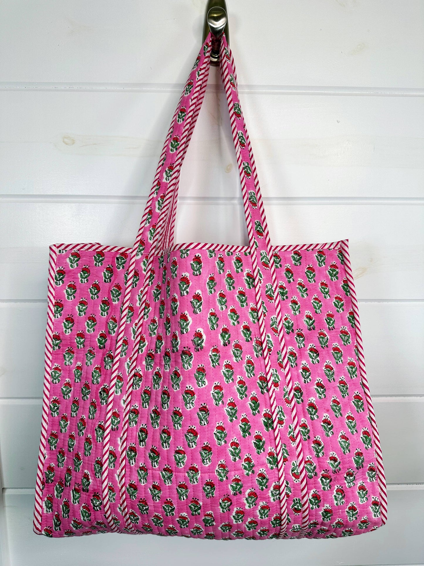 Folklore Couture | Quilted Tote Bag | Pink Floral Tote | Large Shopping Bag