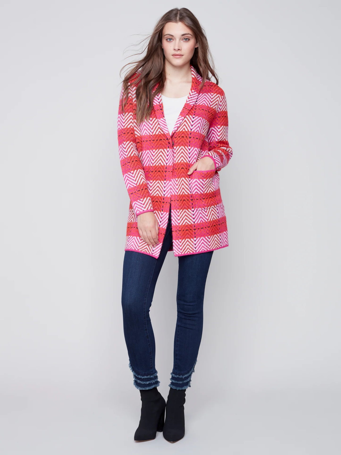 Charlie B | Plaid Cardigan w/ Fringed Shawl Collar