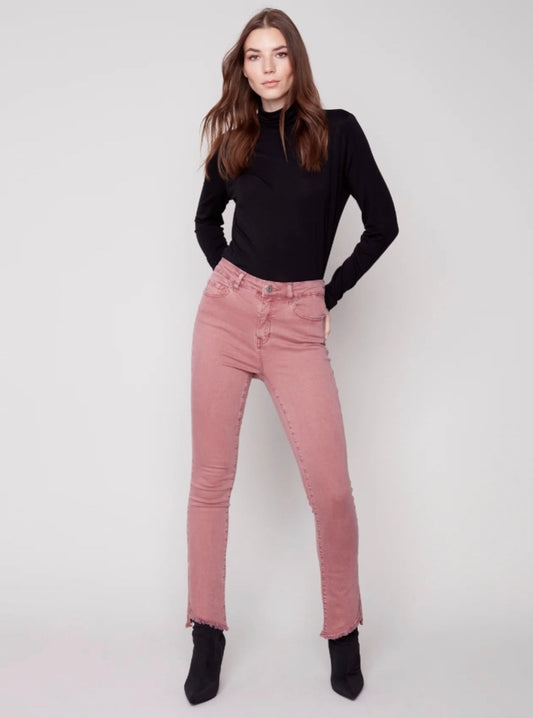 Charlie B | Colored Twill Flare Pant w/ Asymmetrical Opening | Raspberry | C5429