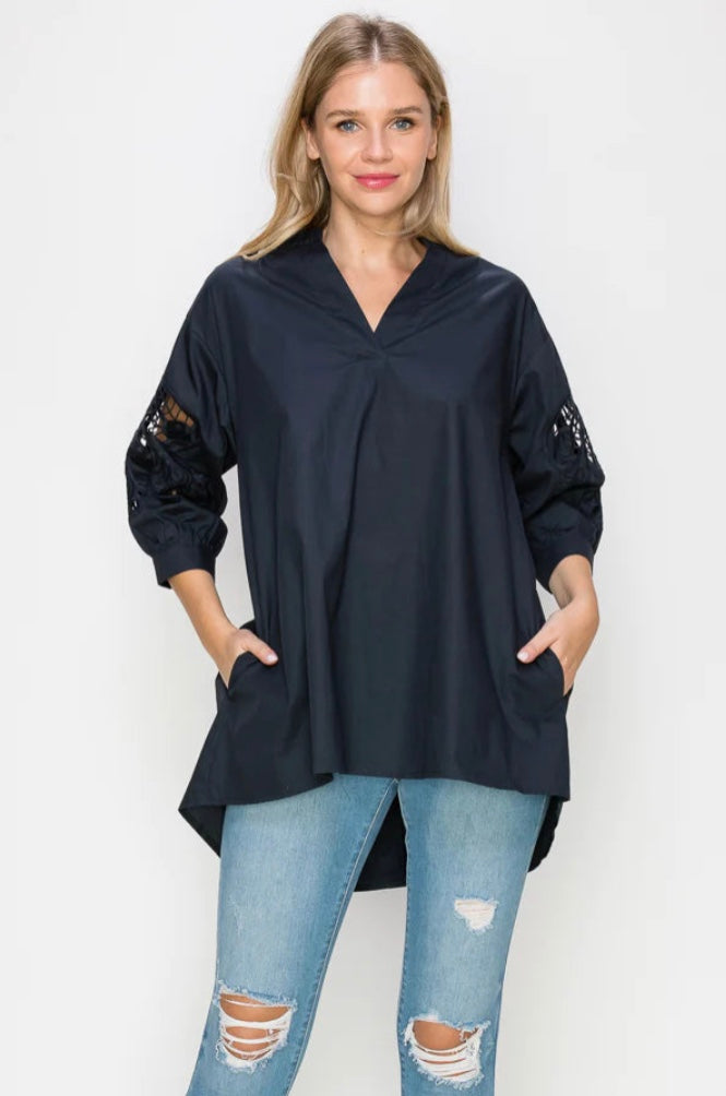 JOH | Wallis Top with Embroidered Lace | Navy | 32081W