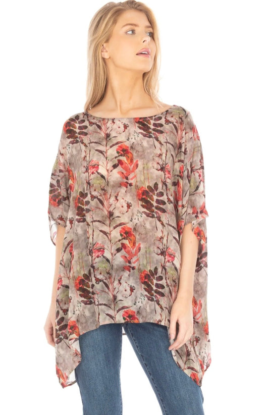 APNY | Short Kaftan/Poncho | Floral Tan/Berry | O/S | B44P/A767D