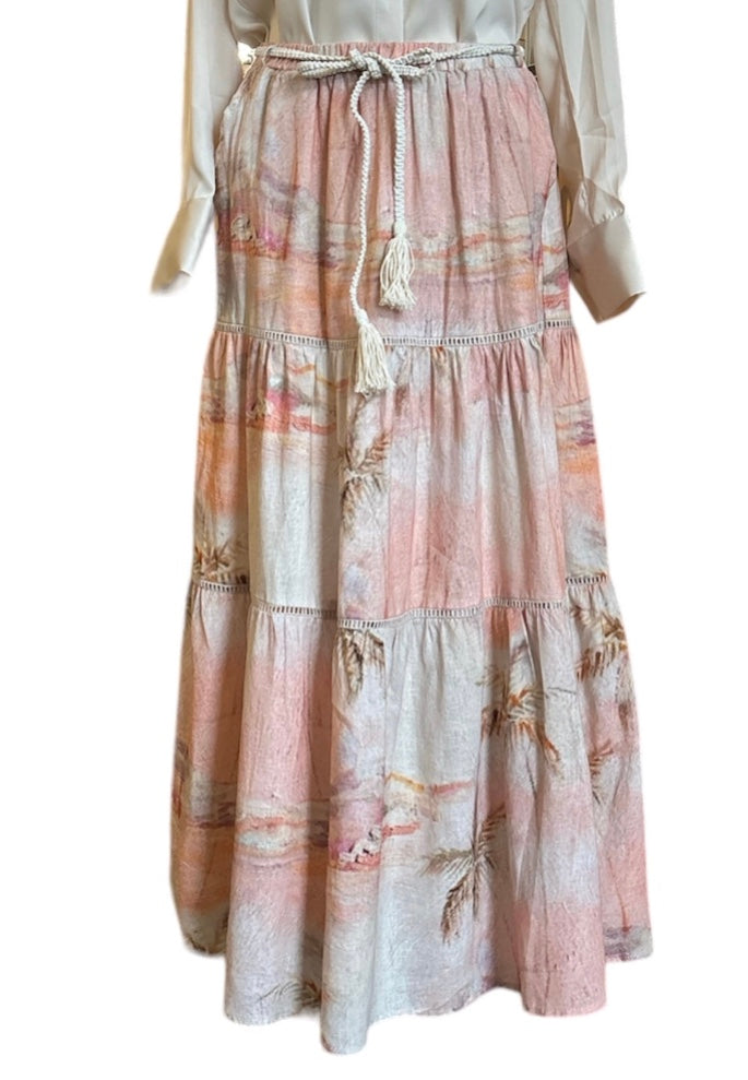 Rachel Zoe | Pastel Design Skirt w/ Macramé Belt | Peach/Pink