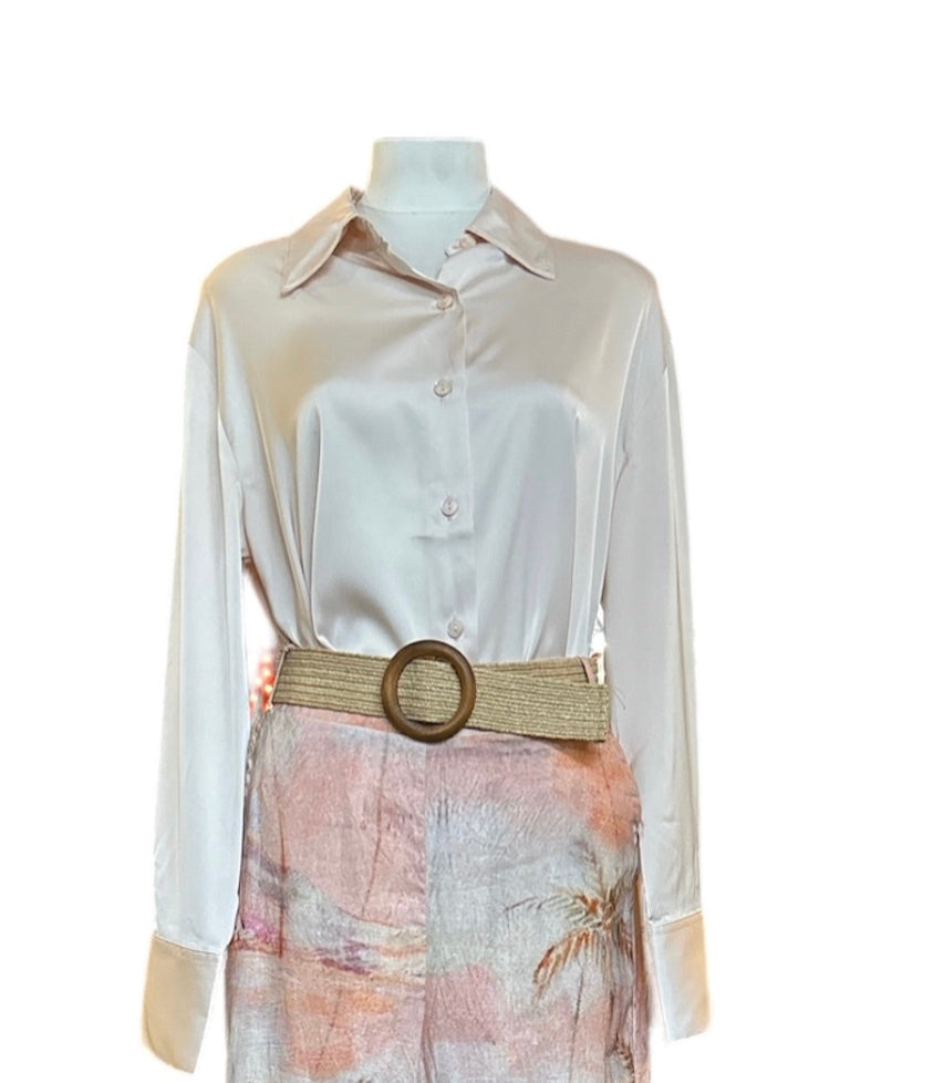 Cupcakes & Cashmere | Satin Button Down Top | Light Blush