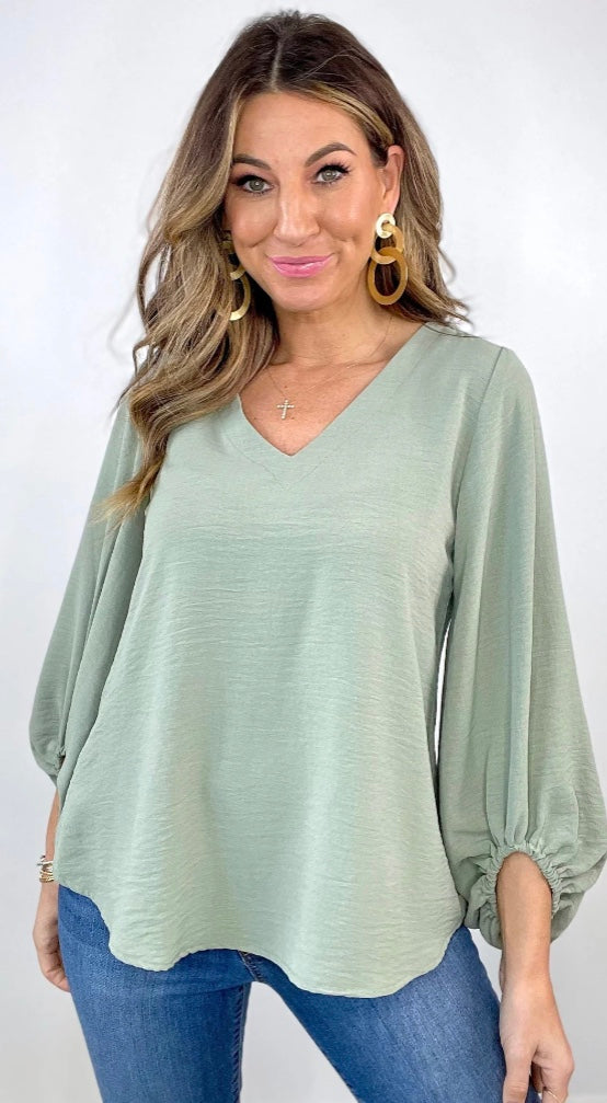 Ivy Jane | V-Neck Puff Sleeve Top | Sage | 641332