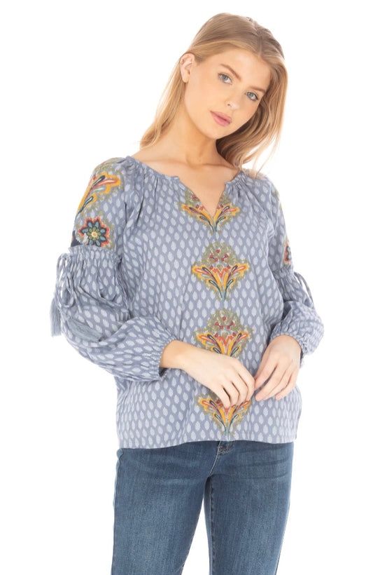 APNY | Dobby Embroidered Top w/ Bishop Sleeve | Multi | I232