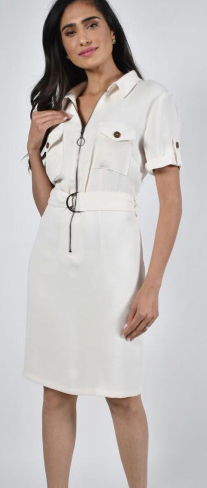 Frank Lyman | 226578 | Zipper Front Belted Woven Dress | Ivory