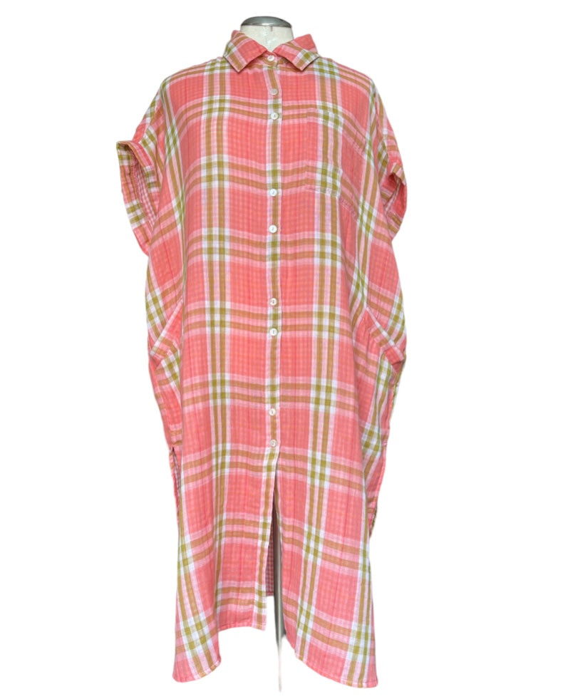 Ivy Jane | Gauzee Plaid Shacket | Coral | 140059