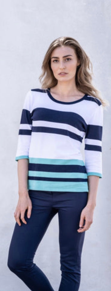 Marble | Striped Scoop Neck 3/4 Sleeve Sweater | 151-Aqua/White/Navy | 6503