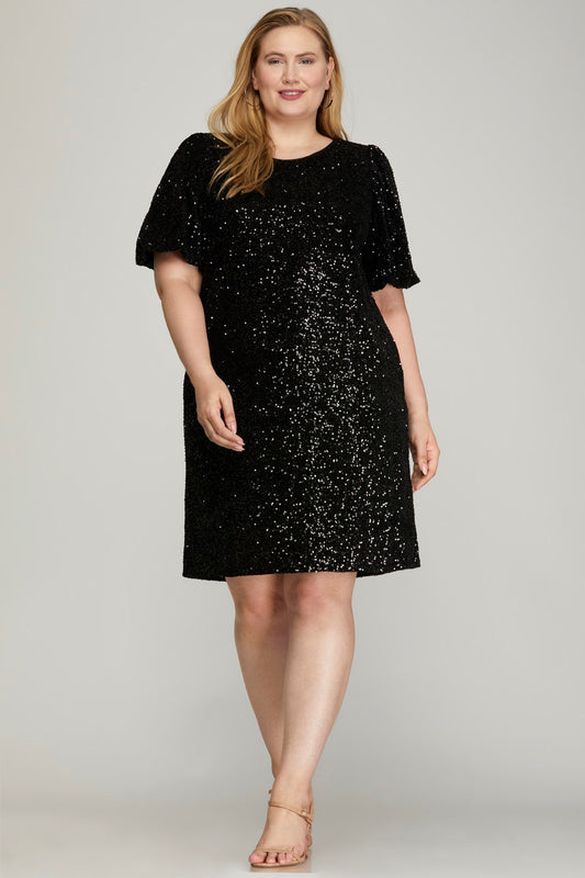 She + Sky | Bubble Sleeve Sequin Dress Black | Plus