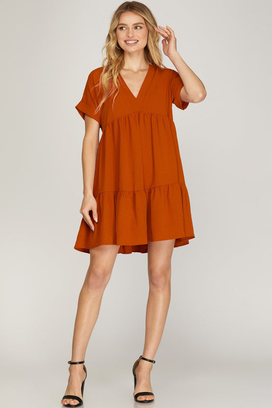 She + Sky | V-Neck Tiered Dress Rust