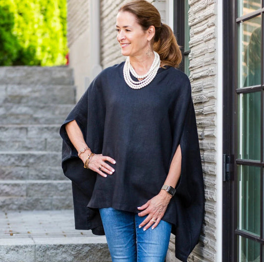 Crown Linen | Finley Poncho | Black | ONE SIZE