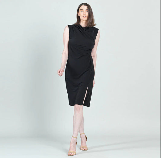 CSW | Solid Sleeveless Ruched Soft Knit Midi Dress | Black | DR21