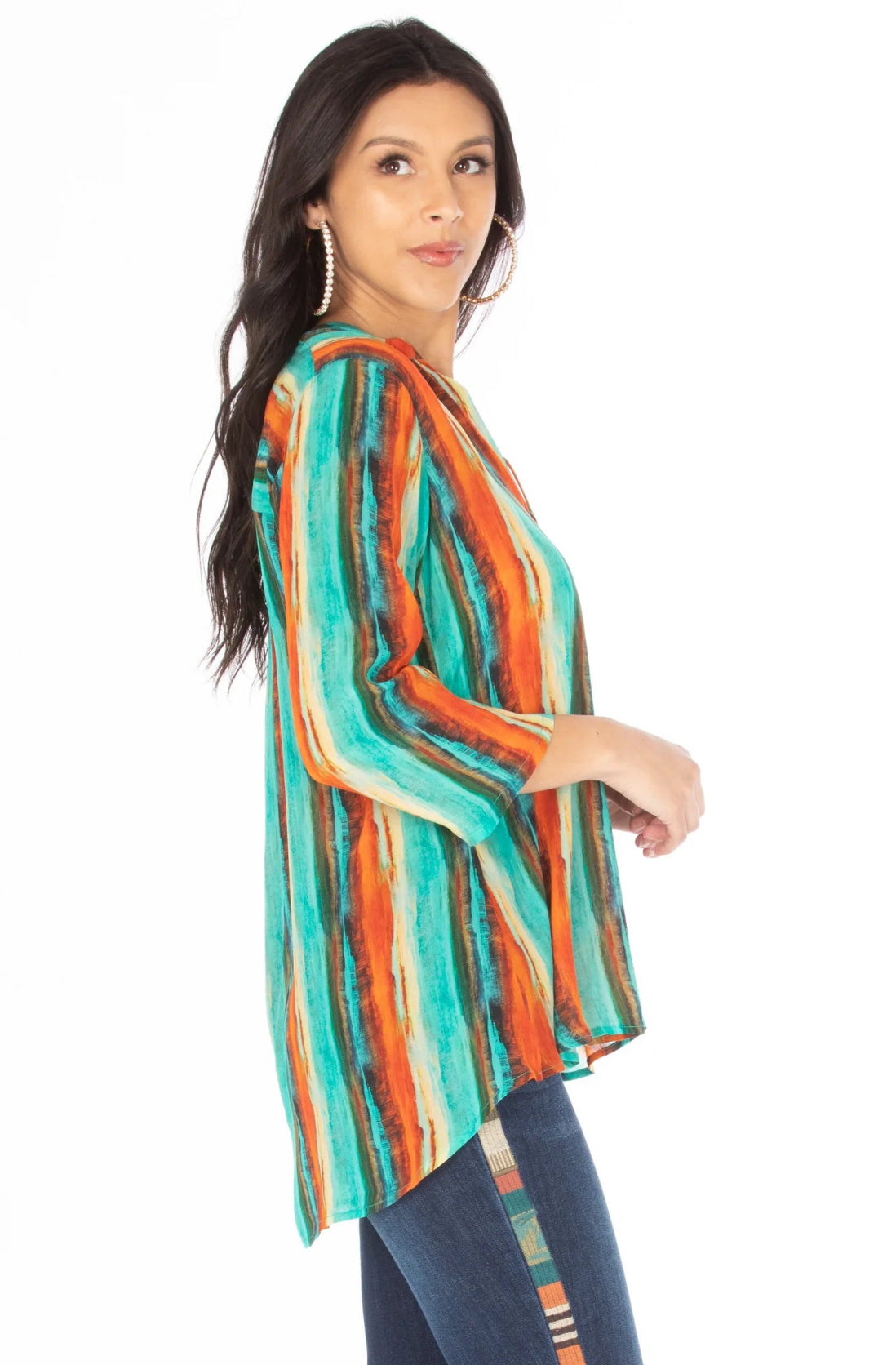 APNY | Notch Neck Pullover w/ Flounce Sleeve | Turquoise/Rust | B78P/A762D