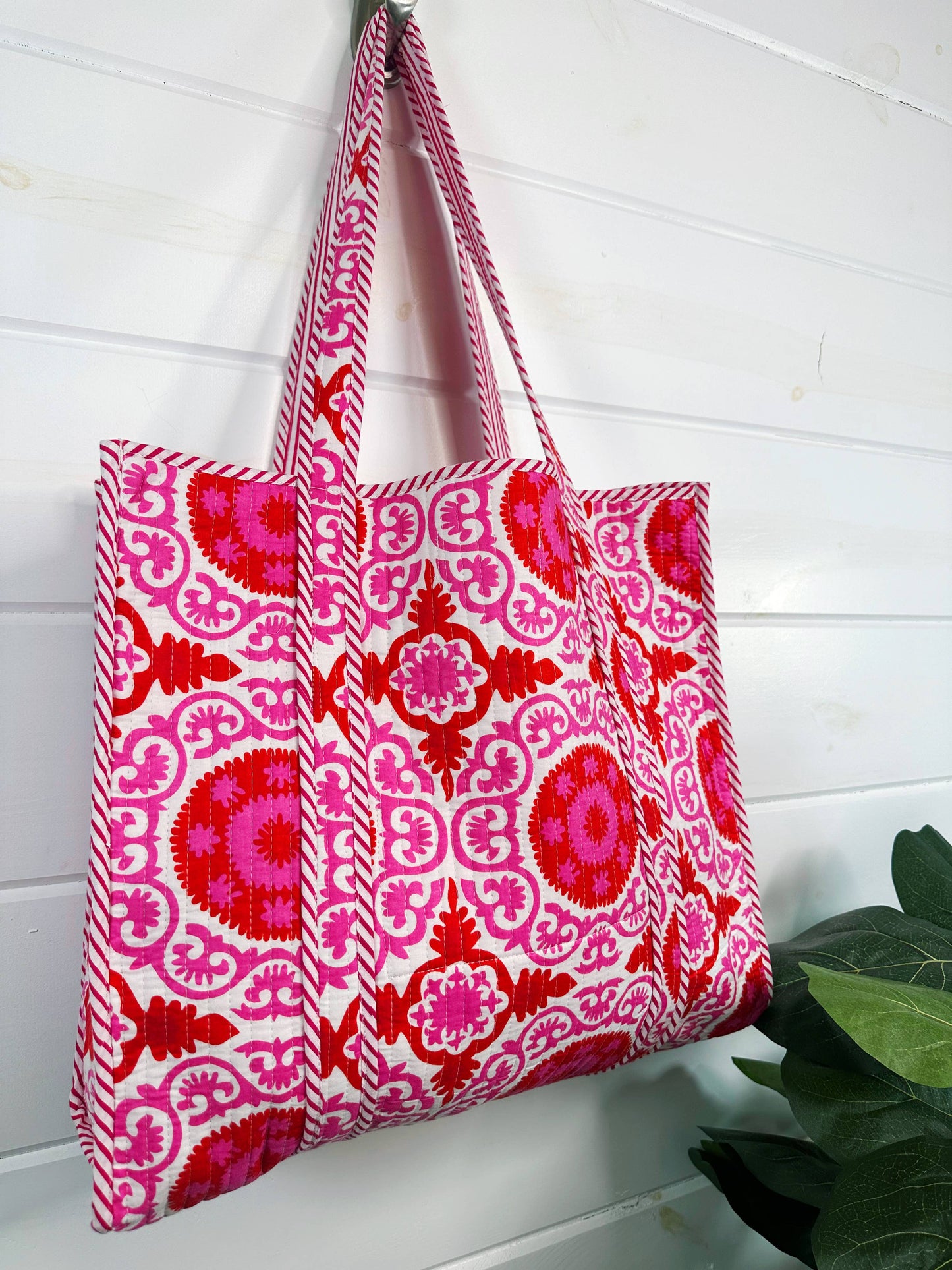 Folklore Couture | Quilted Tote Bag | Pink Red Tote | Large Shopping Tote Bag