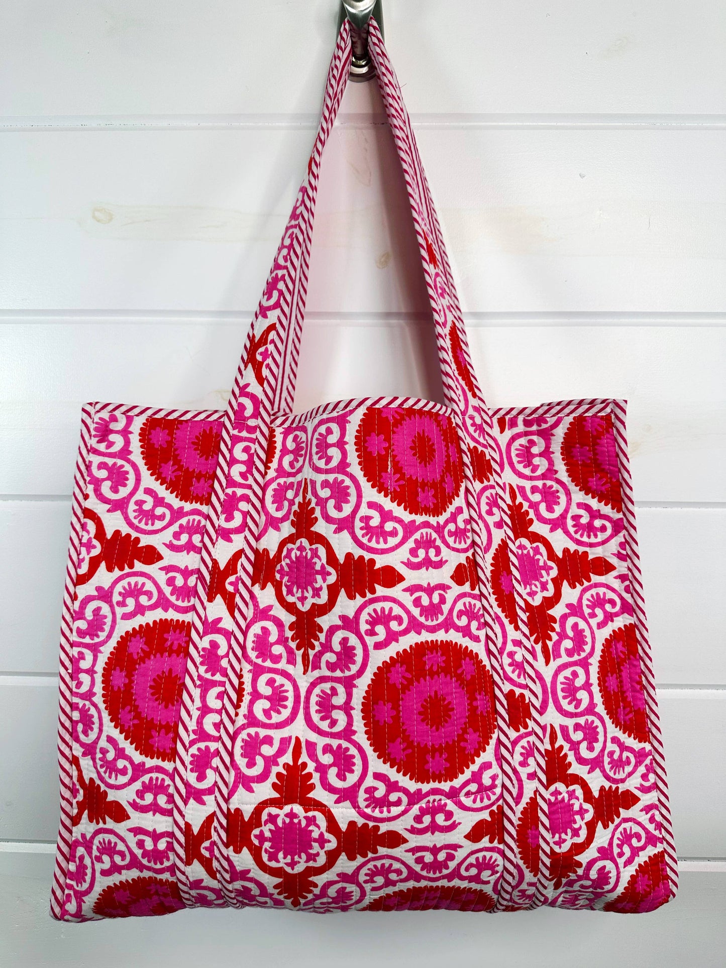 Folklore Couture | Quilted Tote Bag | Pink Red Tote | Large Shopping Tote Bag