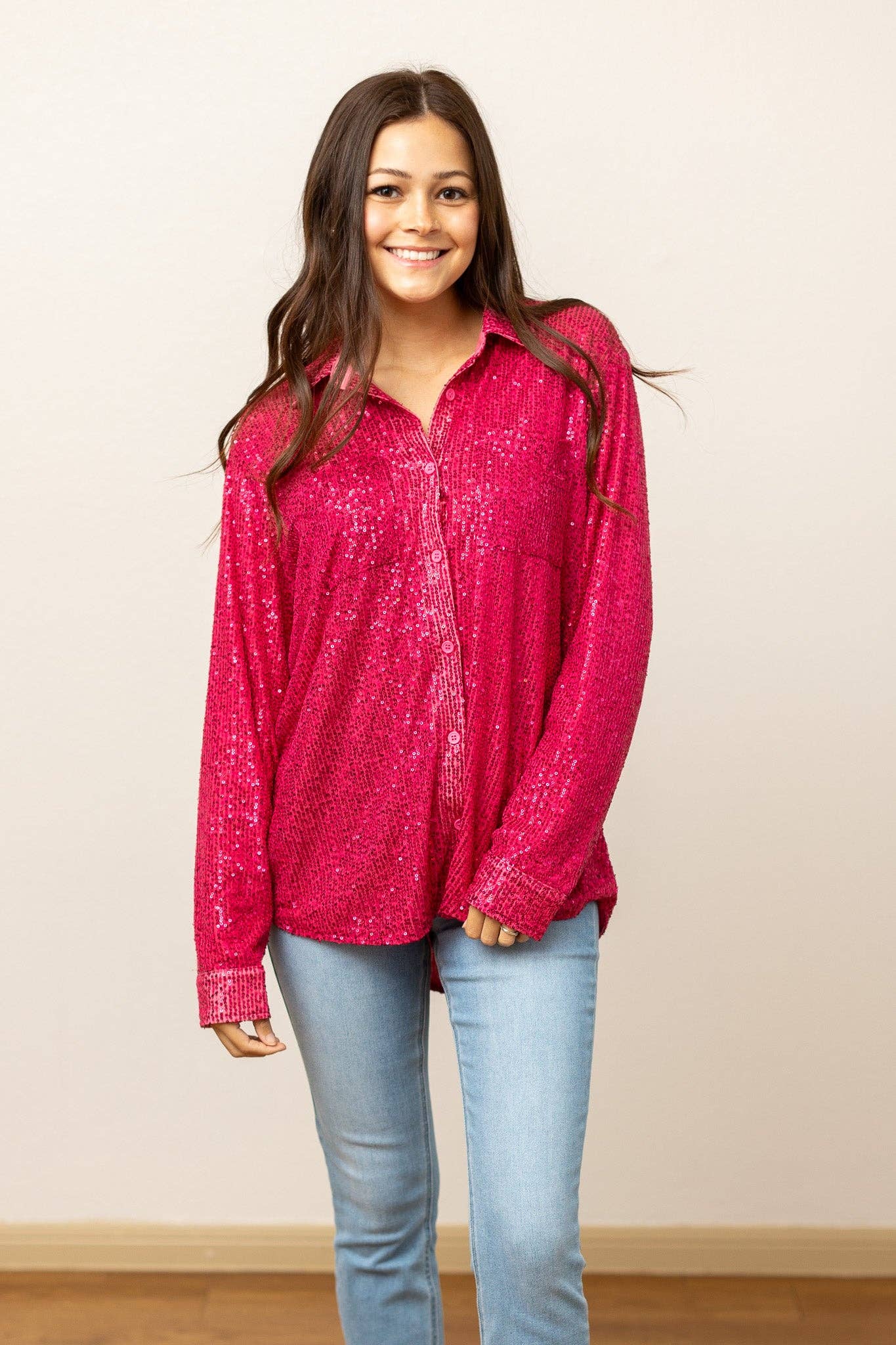 Southern Grace | Kathryn Hot Pink Sequin Button Down