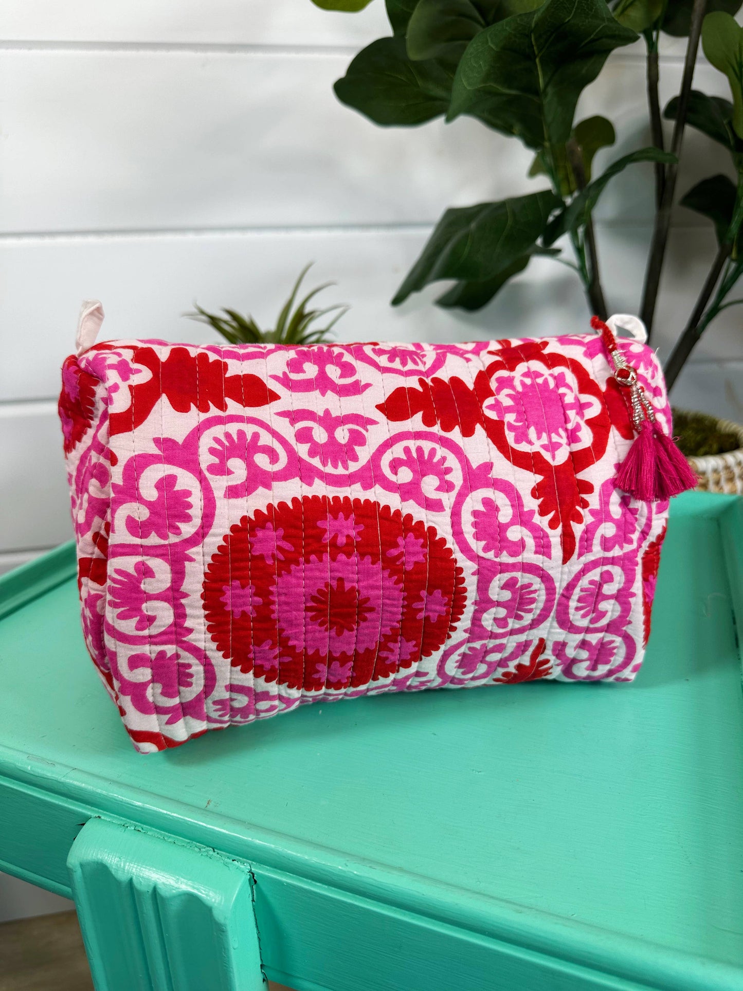 Folklore Couture | Quilted Makeup Bag | Travel Cosmetic Toiletry Bag | Pink Red